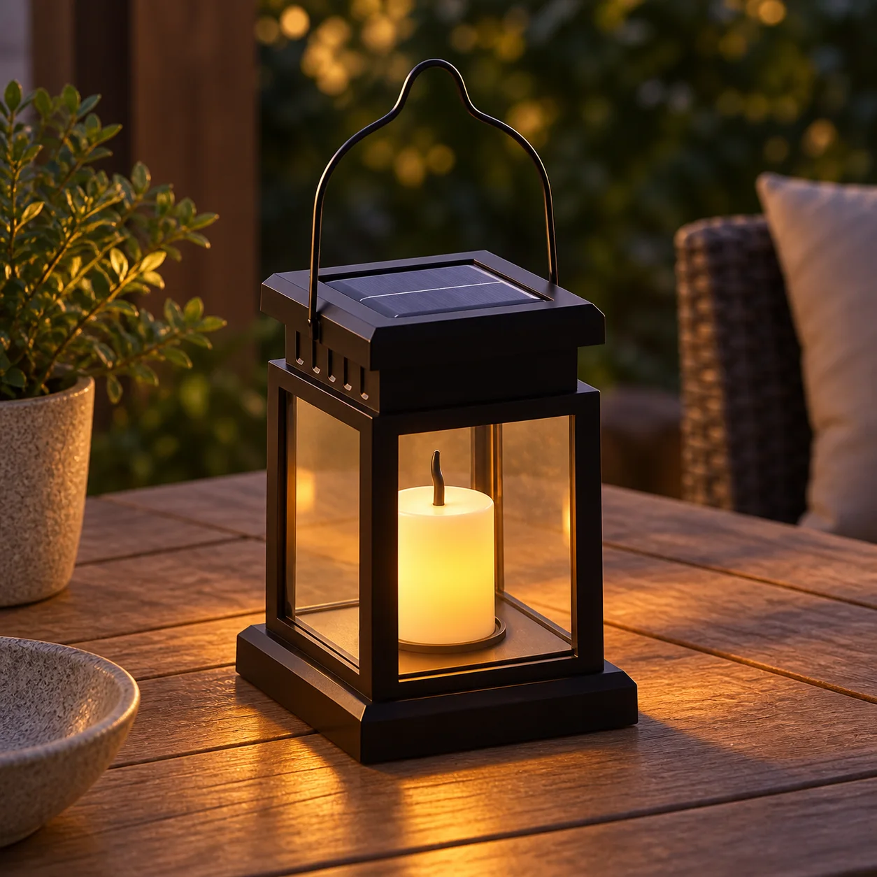 Single candle lantern on a dry patio table