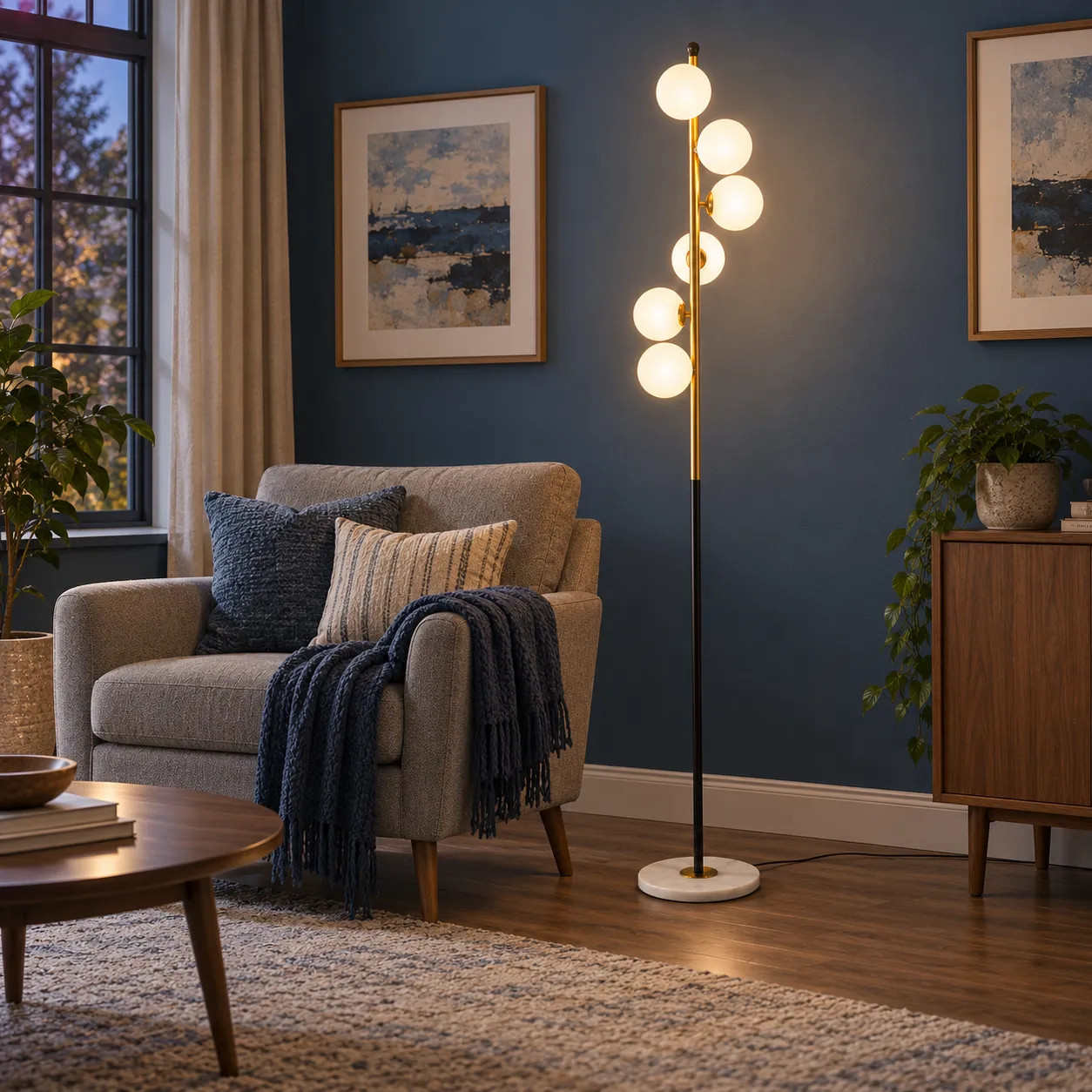 Vivian Globe Floor Lamp; Warm White; use view