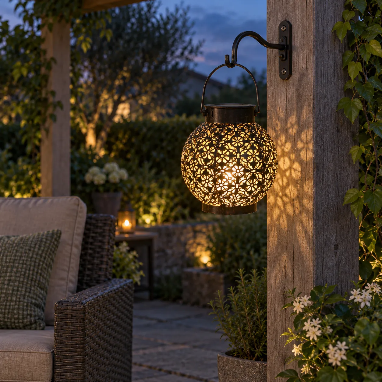 Cecily Pattern Lantern; Dark finish; use view