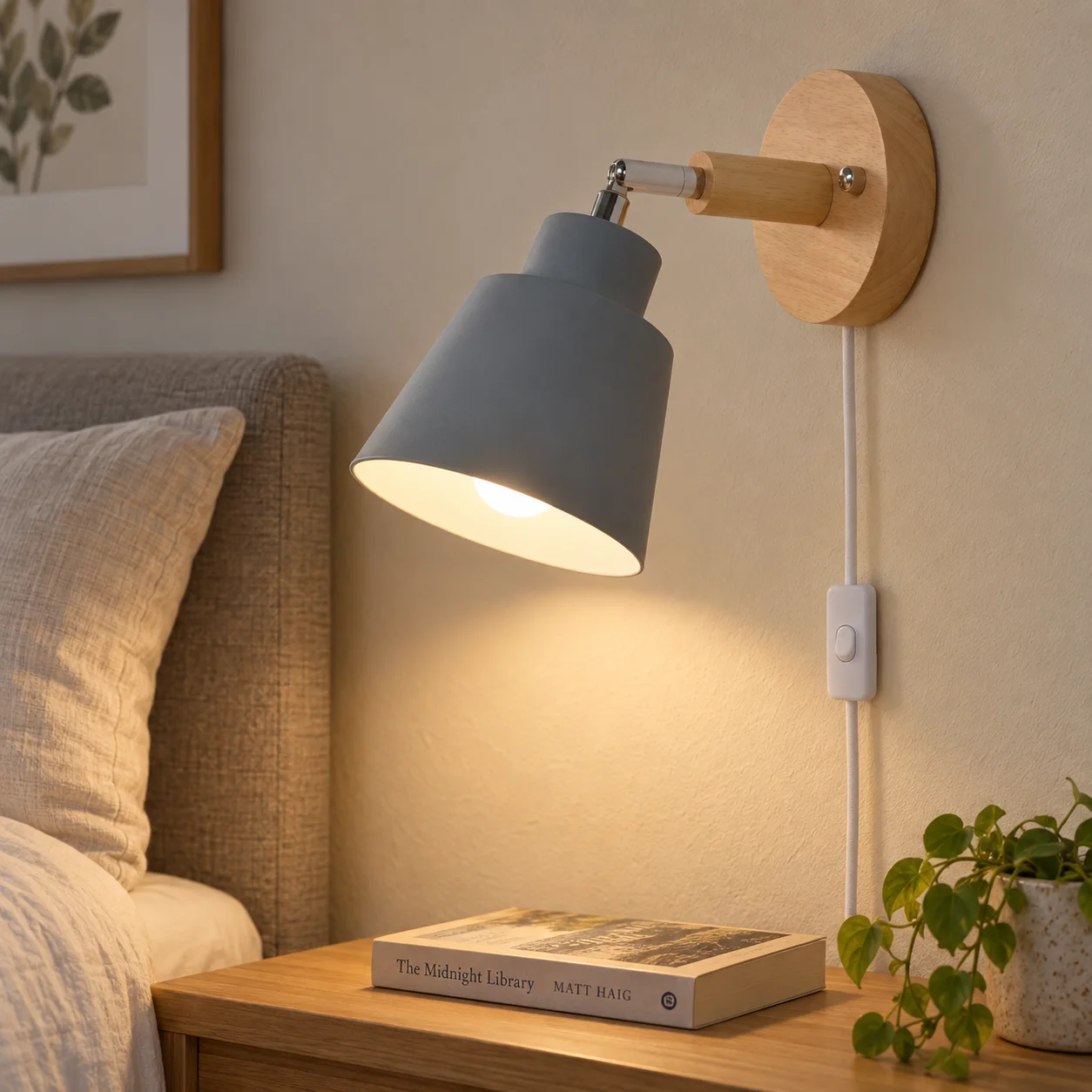 Orson wall light casting warm light beside a bed
