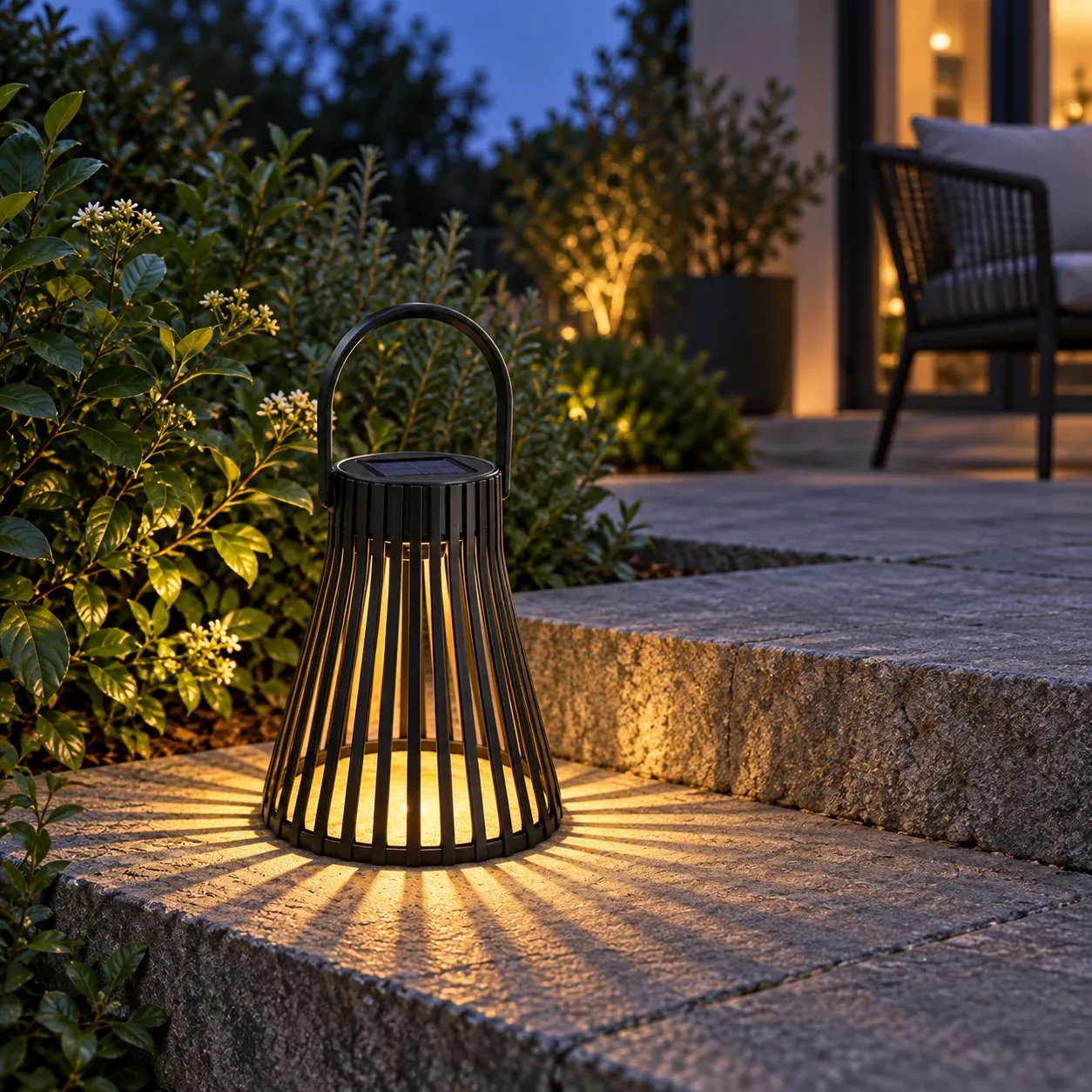 Briar Slatted Lantern - Black, warm light - use photograph