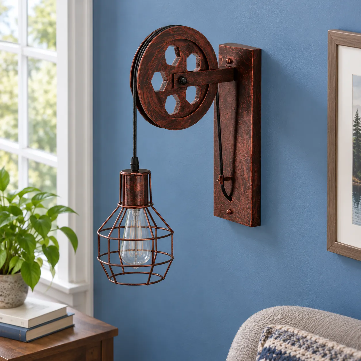 Robin Pulley Wall Light; Rustic; alternate view