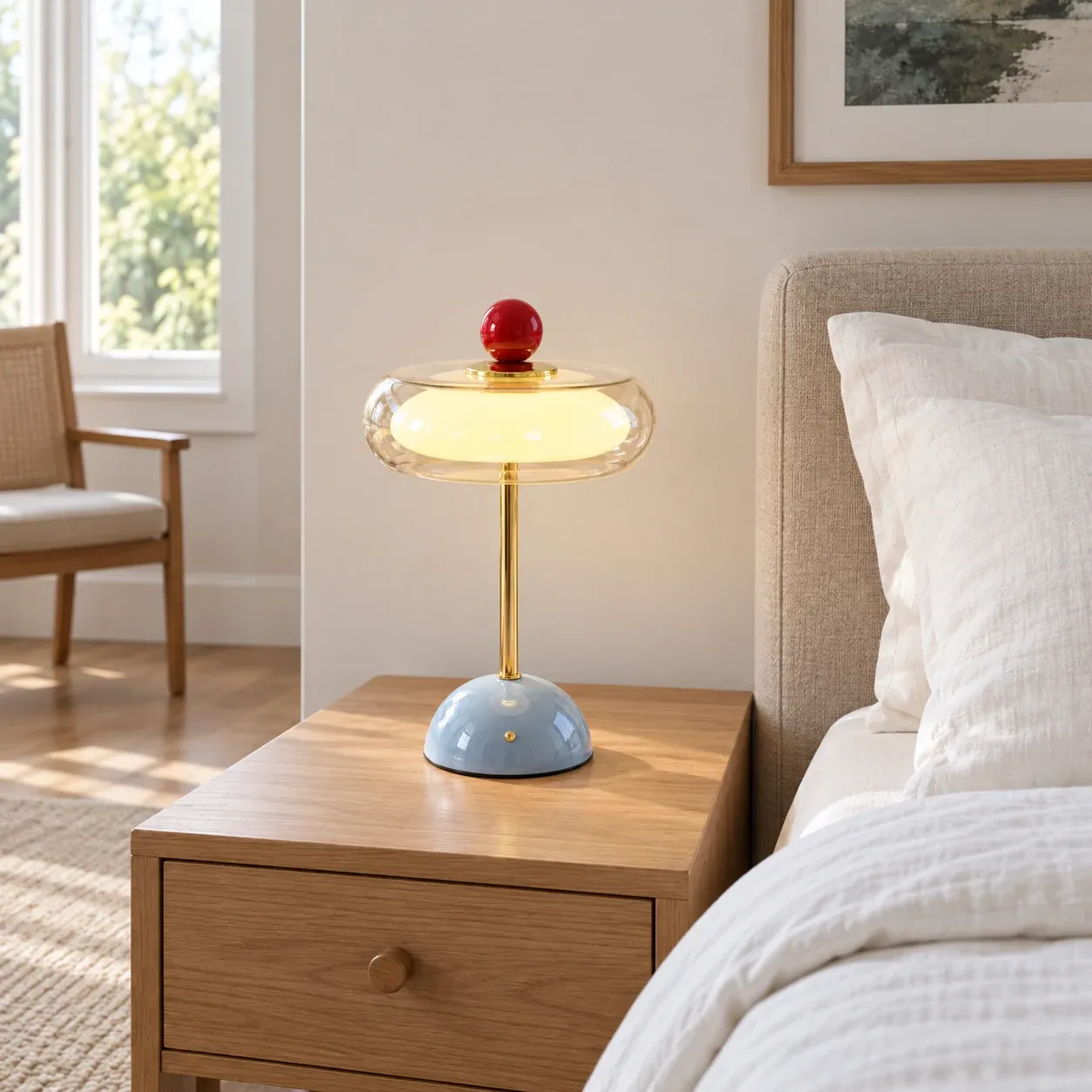 Ottilie Oval Table Lamp - Blue base and red finial - in a furnished setting; other objects not included