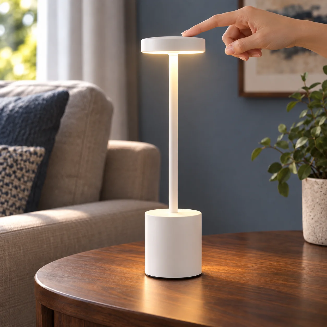 Ellis Cordless Lamp in White : touch control in use; room styling not included