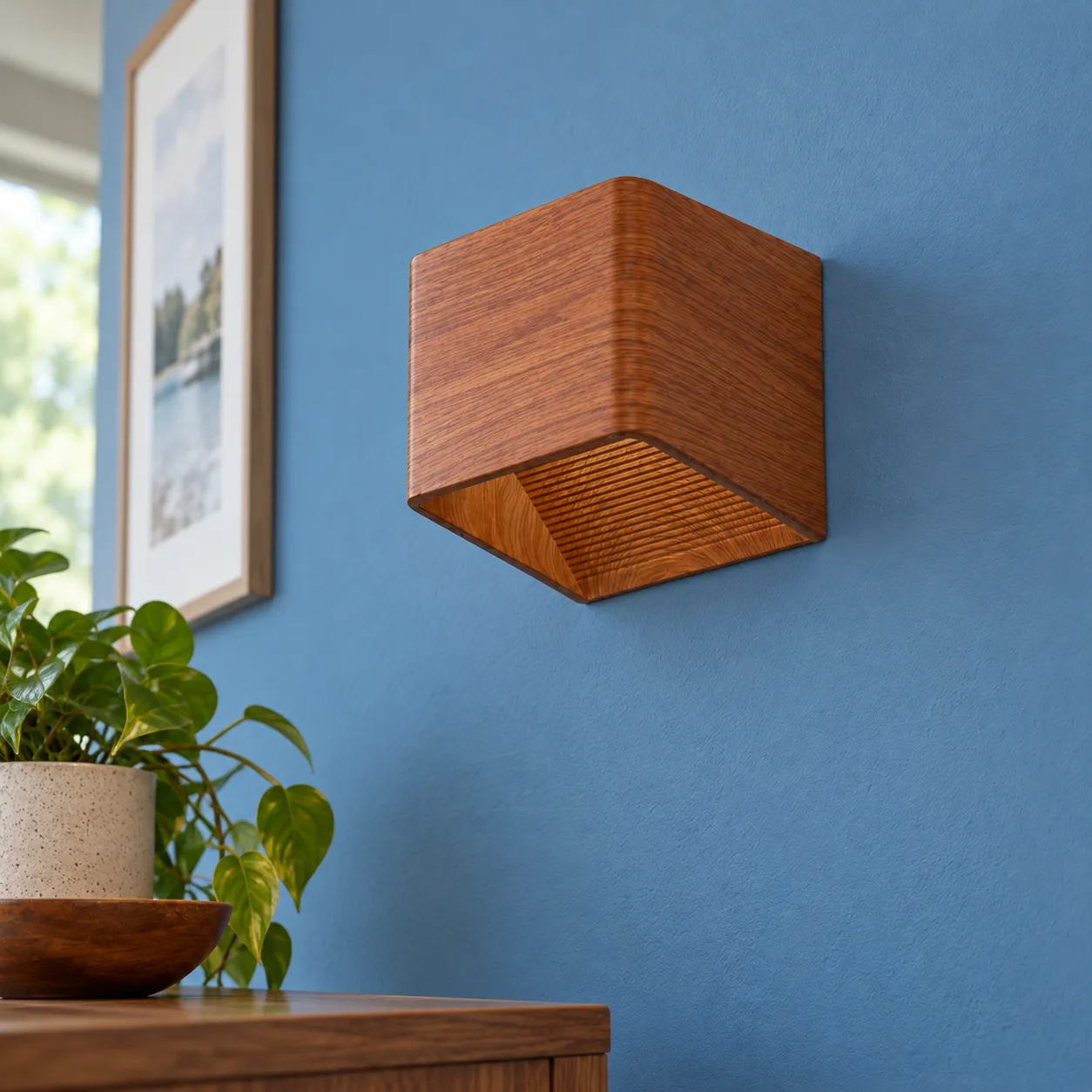 Dorian Cube Wall Light; Wood Finish Warm White; alternate view
