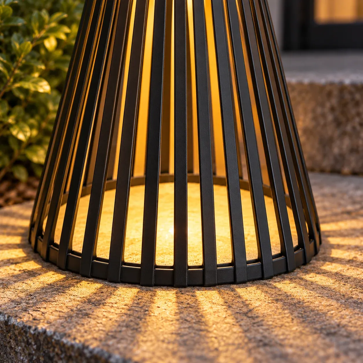 Briar Slatted Lantern - Black, warm light - detail photograph