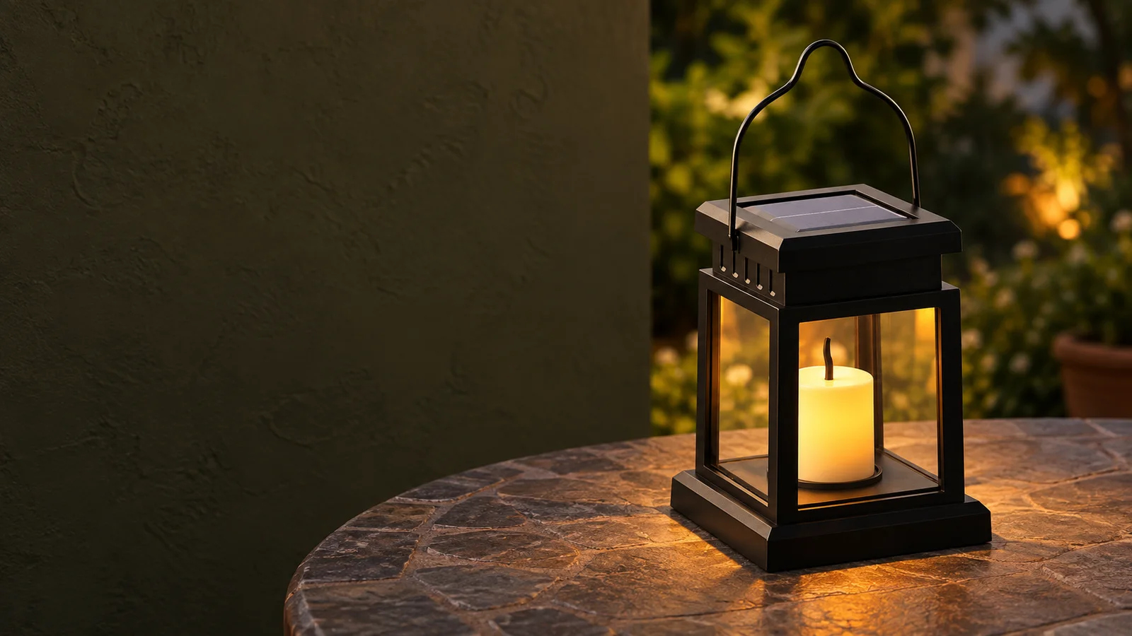 Black solar candle lantern on a sheltered patio table at dusk