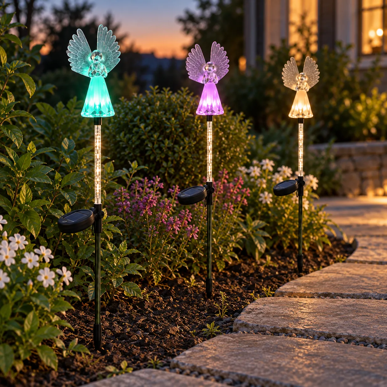 Celia Angel Garden Lights; use view; three separately purchased lights