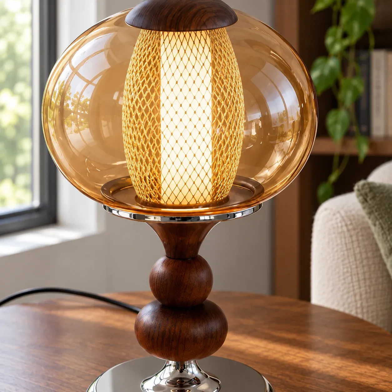 Delphine Globe Lamp - Amber glass and wood - construction detail