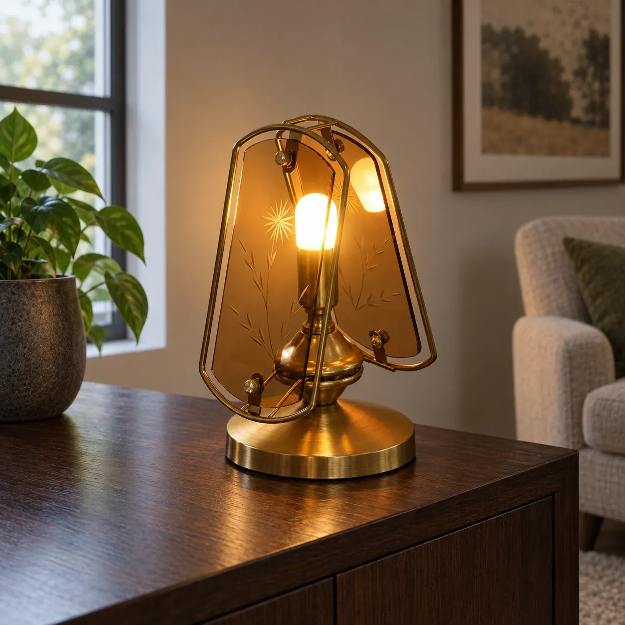 Alwyn Glass Frame Lamp - Brown glass, rechargeable - in a furnished setting; other objects not included
