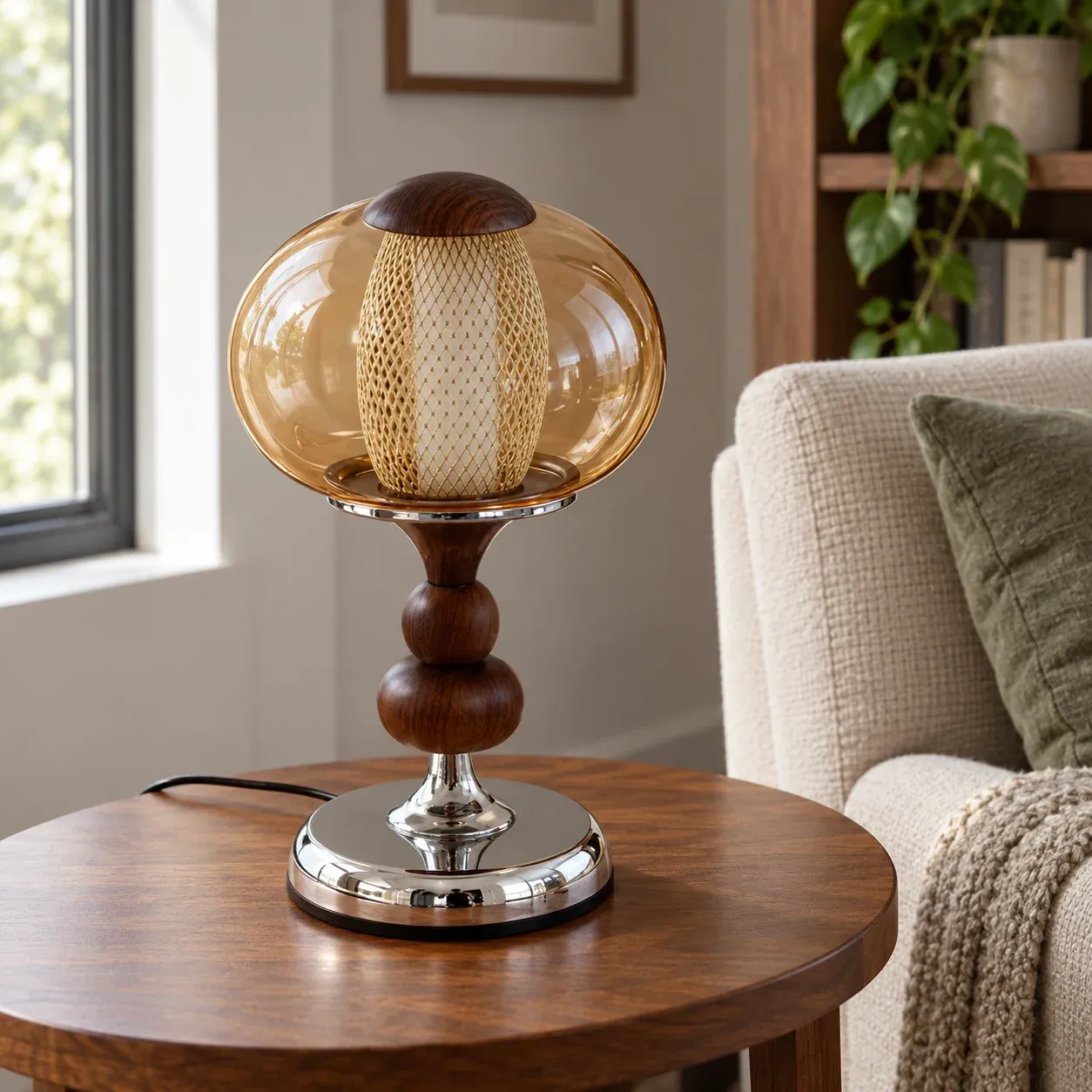 Delphine Globe Lamp - Amber glass and wood - complete item