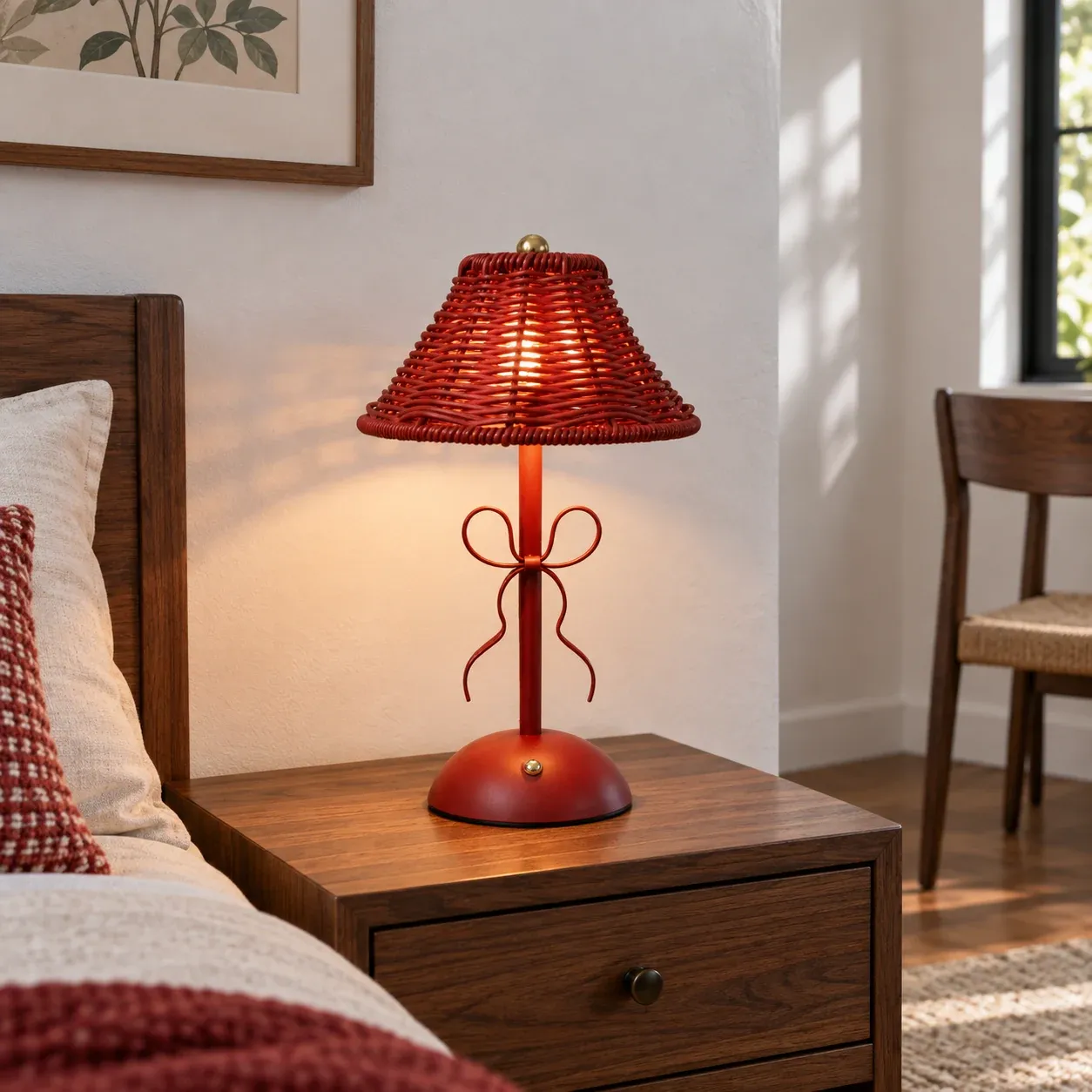 Rosalie Bow Table Lamp - Red umbrella shade - in a furnished setting; other objects not included