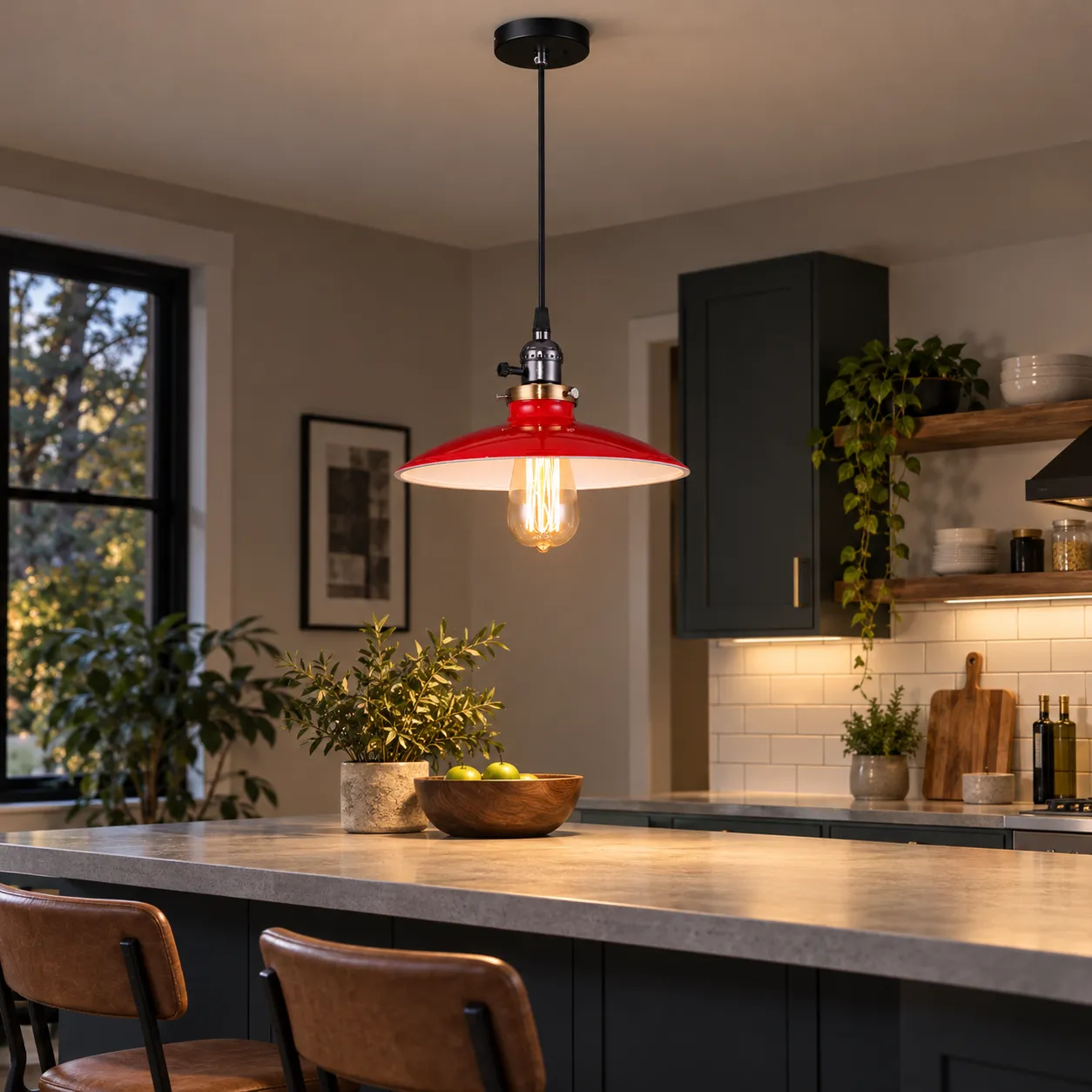 Rupert Industrial Shade Pendant; Red; use view