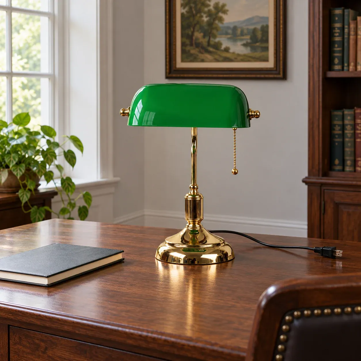 Bramwell Banker Lamp - Gold tone and green, US plug - in a furnished setting; other objects not included