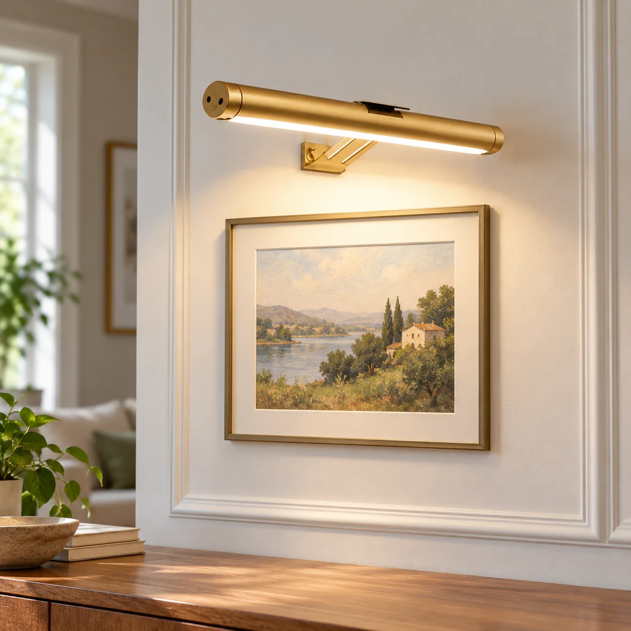 Nolan Picture Light in Gold: in use; props not included