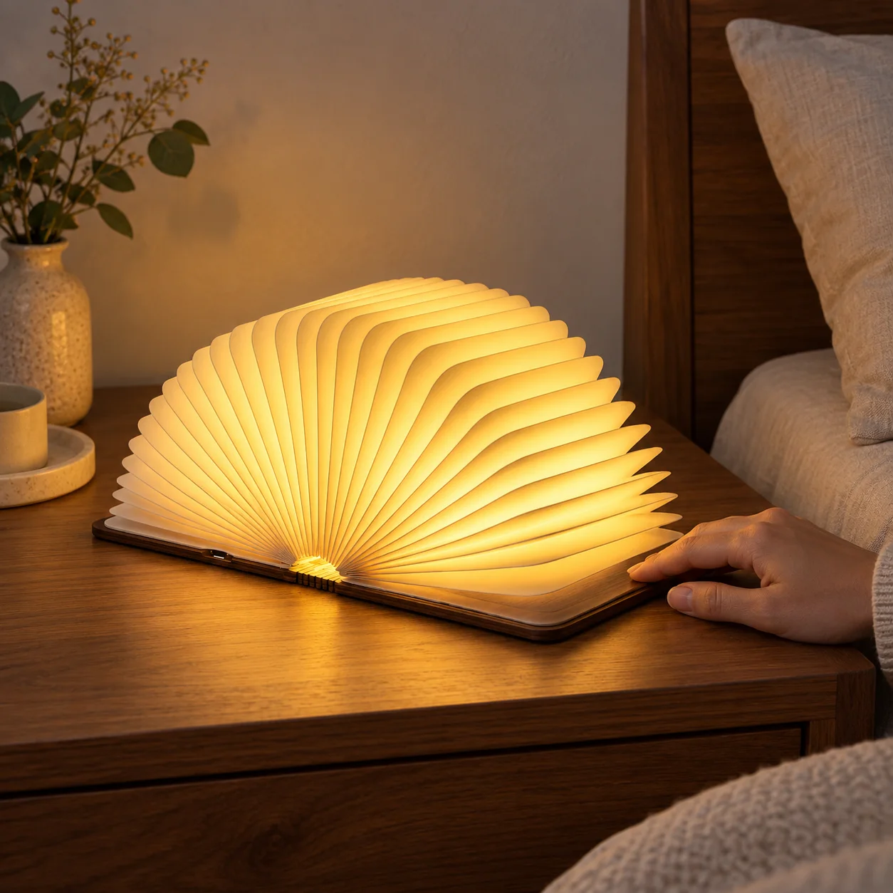 Maeve folding lamp at bedside with adult hand for scale