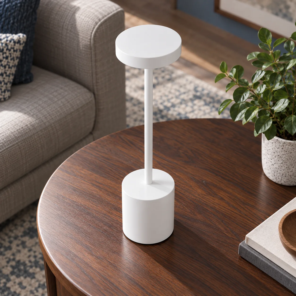 Ellis Cordless Lamp in White : elevated view of circular shade