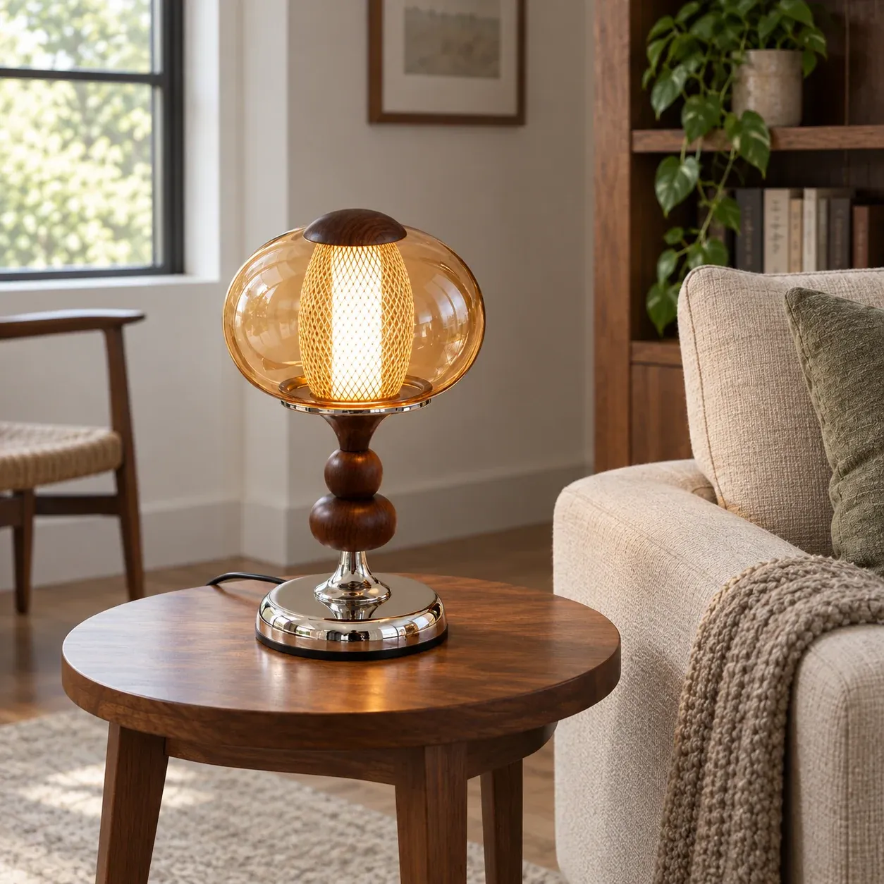 Delphine Globe Lamp - Amber glass and wood - in a furnished setting; other objects not included