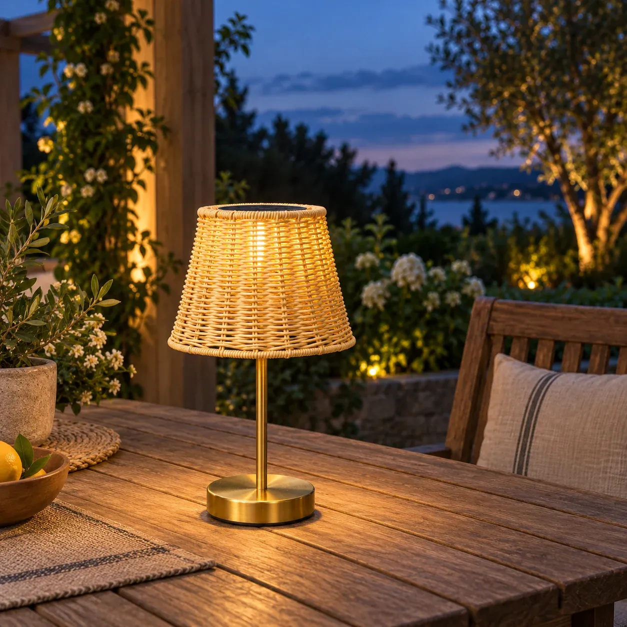 Cordelia Woven Table Lamp - Natural shade, gold-tone base, 34 cm - use photograph