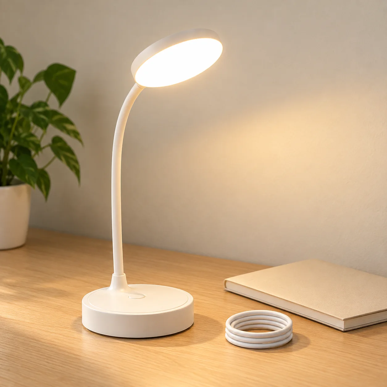 White desk lamp beside a closed notebook