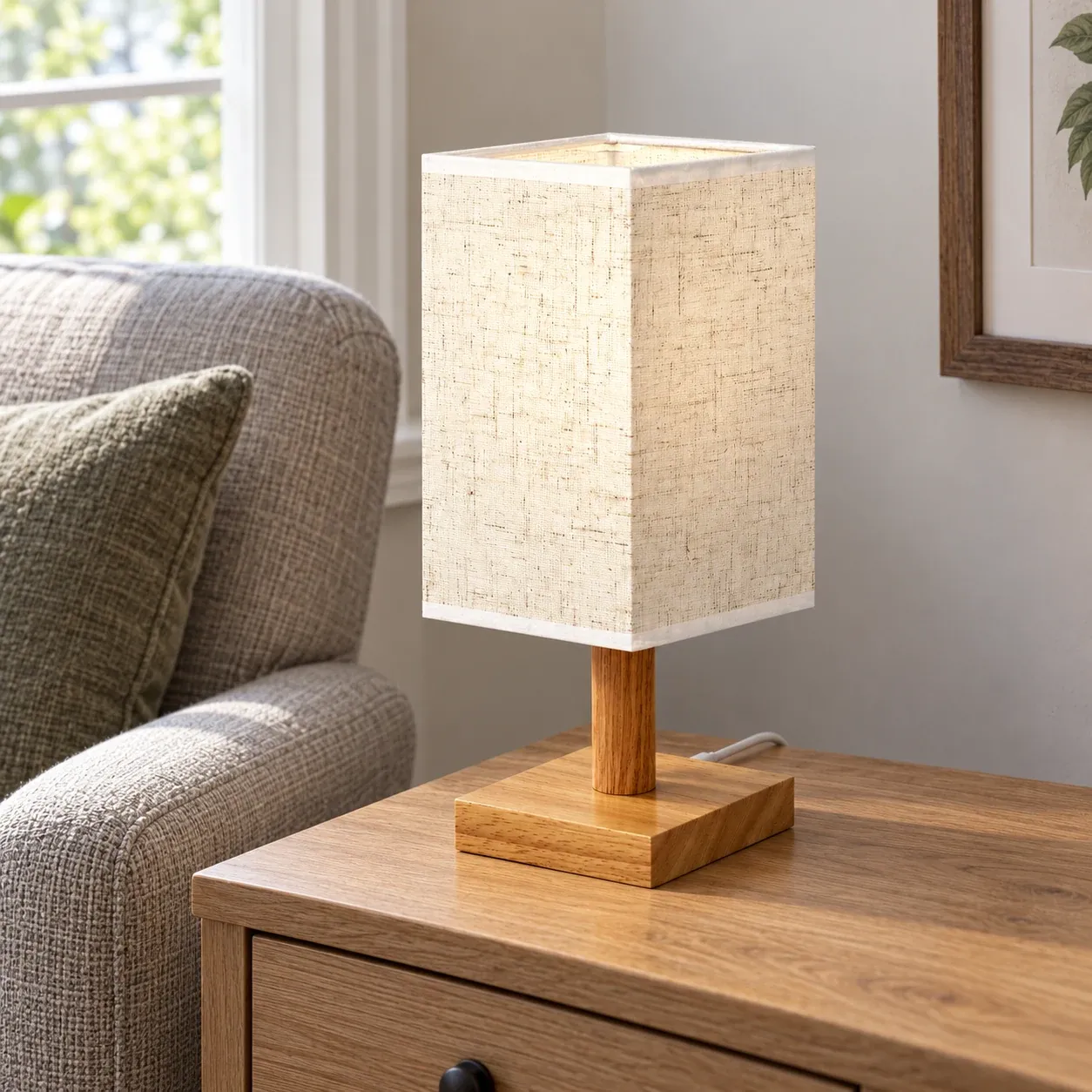 Corwin Square Shade Lamp - Linen-style square shade, USB warm light - in a furnished setting; other objects not included