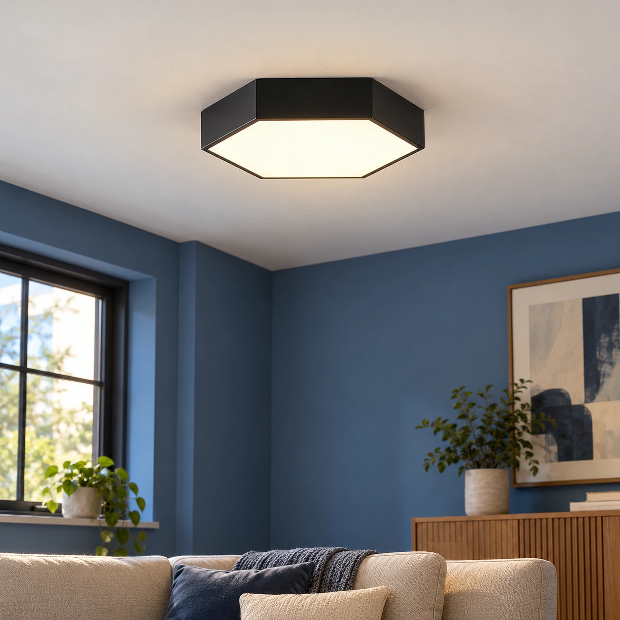 Lavinia Hexagon Ceiling Light — Black / Warm White — lead